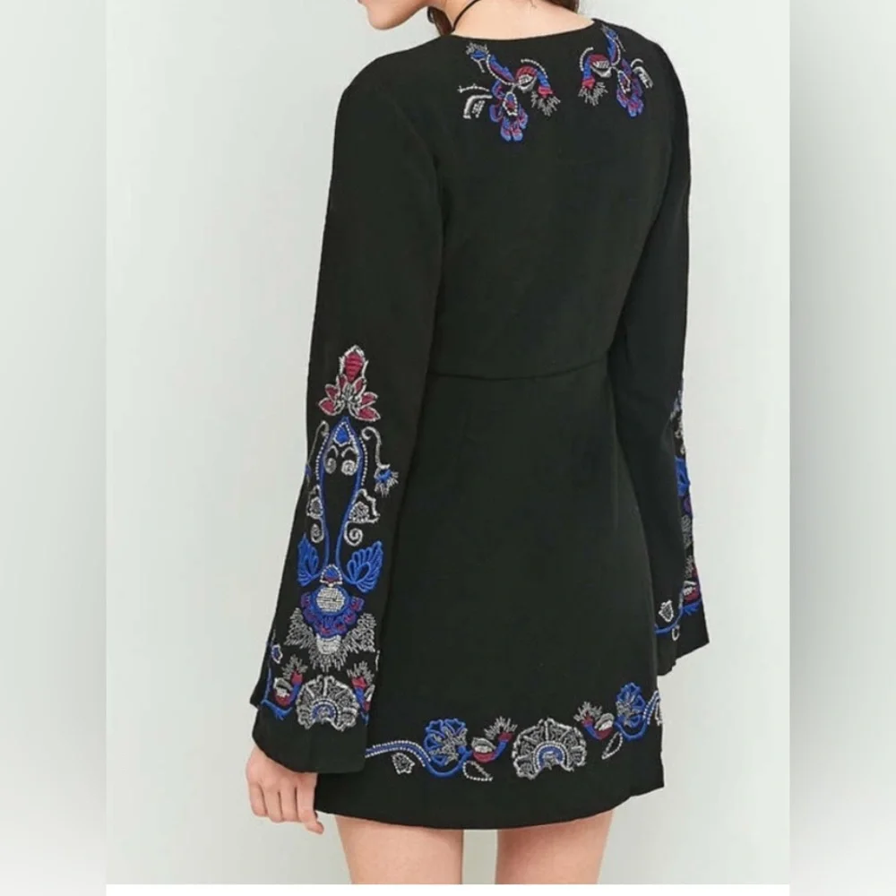 Free People Holiday Folk Dress Women's 10 Embroidered Bell Sleeve Black Boho NWT